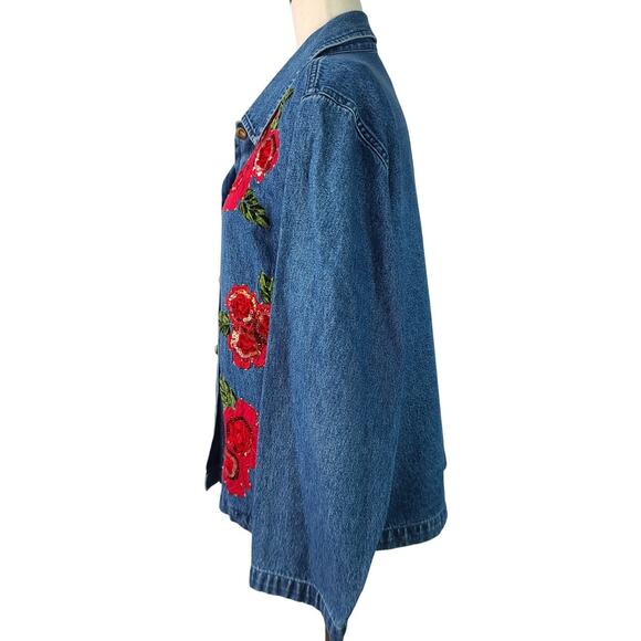 Tantrums Blue Denim Red Sequin Embroidered Floral Roses Vintage  Shirt Shacket L - Picture 2 of 4
